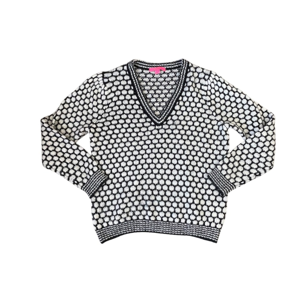 Lilly Pulitzer Womens XL Black White Honeycomb V-Neck Wool Blend Sweater 013461